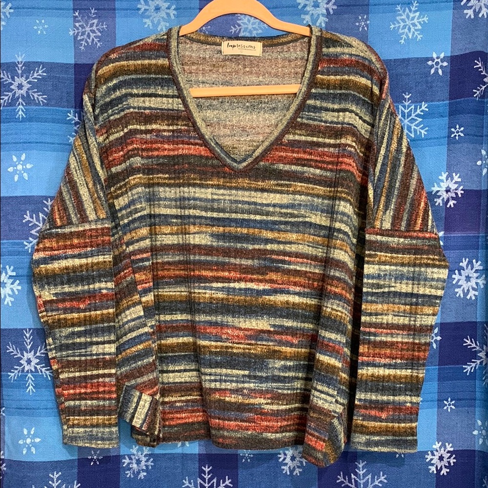 Impressions Striped V-Neck Earthtone Boxy Sweater